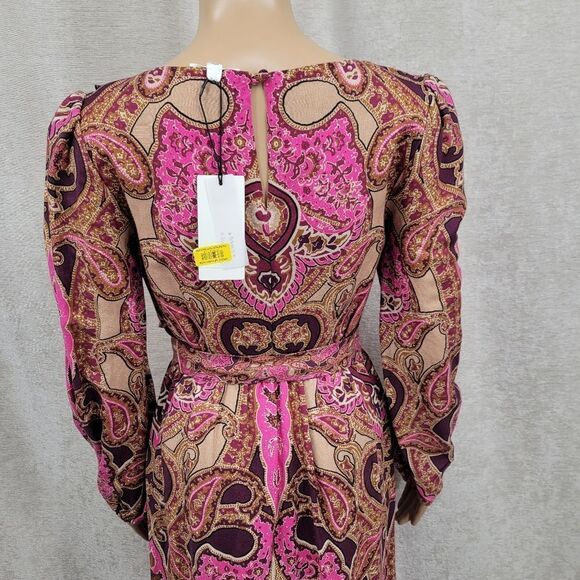A Loves A Linen Rayon Pink Tan Burgundy Paisley Printed Long Sleeve Maxi Dress - Picture 10 of 16